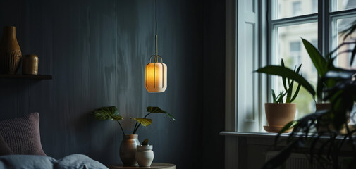 Living room on the background of a dark classic wall with lighting by AI generate.