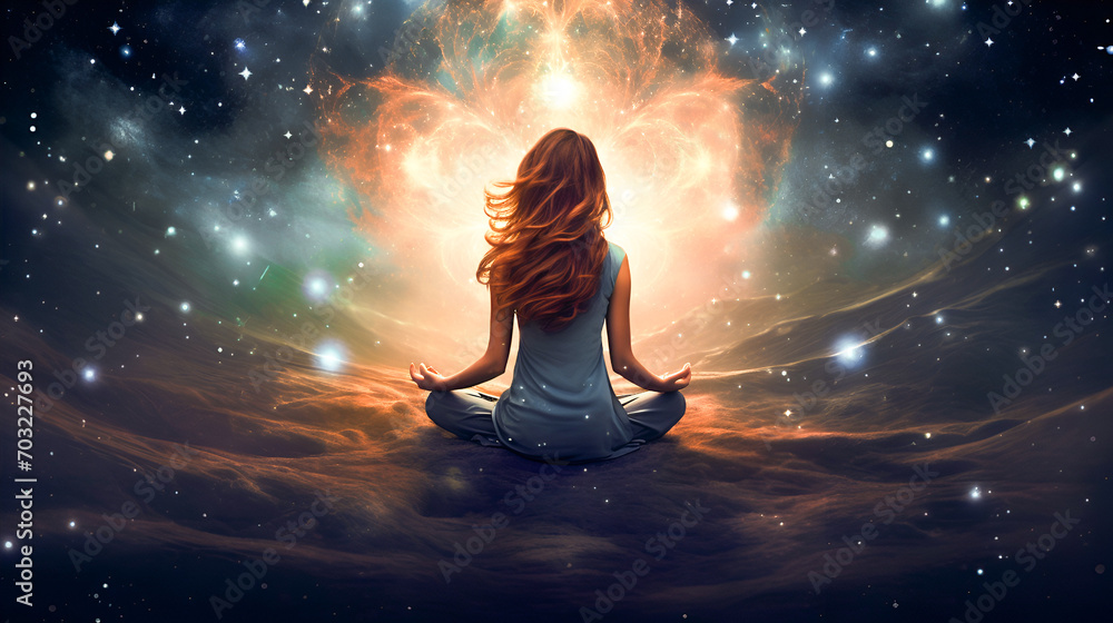 Wall mural universe is meta, the woman with red hair flowing in the wind meditates on the cosmic background of 