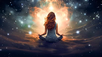 Foto op Canvas universe is meta, the woman with red hair flowing in the wind meditates on the cosmic background of the galaxy, the shine of the stars. spiritual practices, cosmic energy and mental health © Tetiana