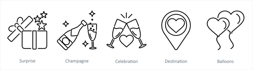 A set of 5 Honeymoon icons as surprise, champagne, celebration - obrazy, fototapety, plakaty