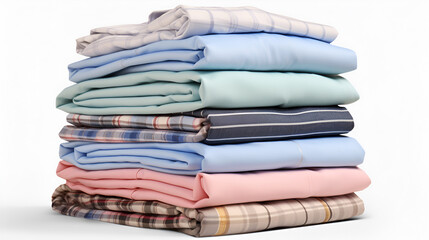 Stack of clean, neatly folded clothes, stack of clean colored laundry on a white background - obrazy, fototapety, plakaty