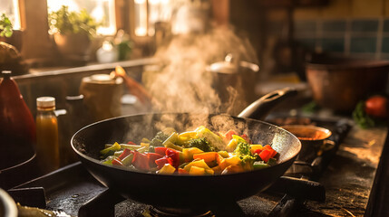 Stir-fry cooking in a wok.