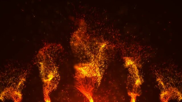 Magic fluid animation of glowing particles.particle trail. Flying sparks and coals from a fire. abstract glowing particles of burning fire and smoke on a black background, bonfire flares. loop
