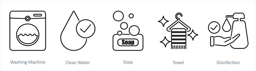 A set of 5 Hygiene icons as washing machine, clean water, soap