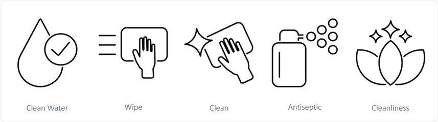 A set of 5 Hygiene icons as clean water, wipe, clean