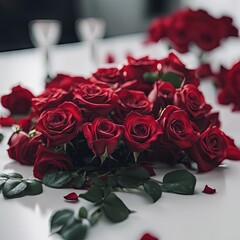 Pile of Beautiful Red Roses on a White Table for Valentine's Day Background