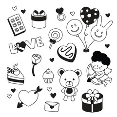 Doodle Valentines items. Hand drawing styles Valentine's elements for greeting card.