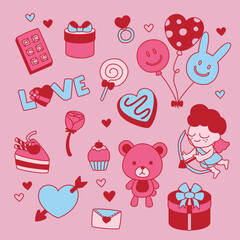 Doodle Valentines items. Hand drawing styles Valentine's elements for greeting card.
