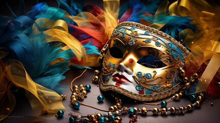 Carnival Party - Venetian Mask With Colorful Streamer And Whistle, Ai generated image 