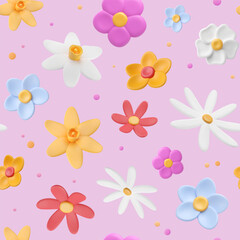 Fototapeta na wymiar Background with plasticine 3d flowers. Multicolored puffy buds and dots, childish seamless pattern with clay three dimensional summer elements. Vector illustration in plastic style. Spring wallpaper.