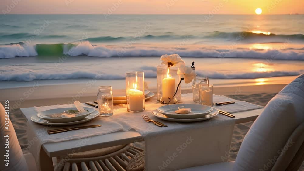 Poster the sandy beach serves as the perfect foundation for a stunning table, set with an array of flickeri