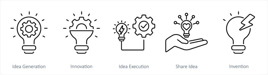 A set of 5 Idea icons as idea generation, innovation, idea execution