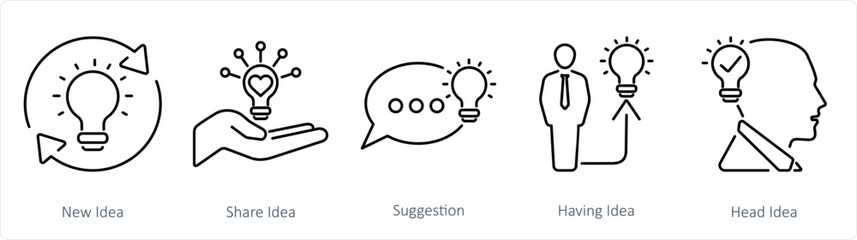 A set of 5 Idea icons as new idea, share idea, suggestion