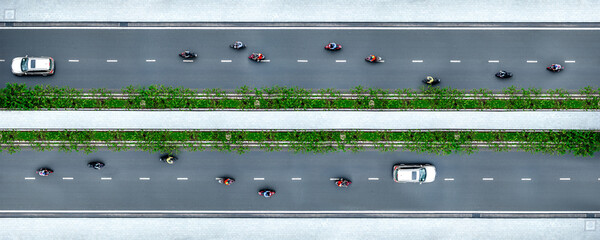Aerial drone view of road bridge. Top down view of city traffic highway. Composite image. Resolving...
