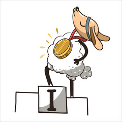 Cute cartoon flat doodle animals sport winner with gold medal and prize place.  Sheep sport winner