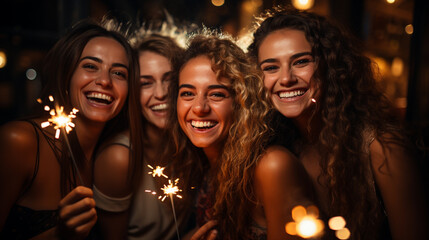 Happy new year! Girlfriends celebrate with lit sparklers in their hands