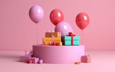 Product display podium with gift boxes and balloon on pink background. Generative AI.