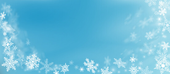 Blue snowflake background. Vector banner. White snowflakes on blue background - obrazy, fototapety, plakaty