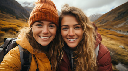 Fototapeta premium Selfie of two female friends climbing a mountain