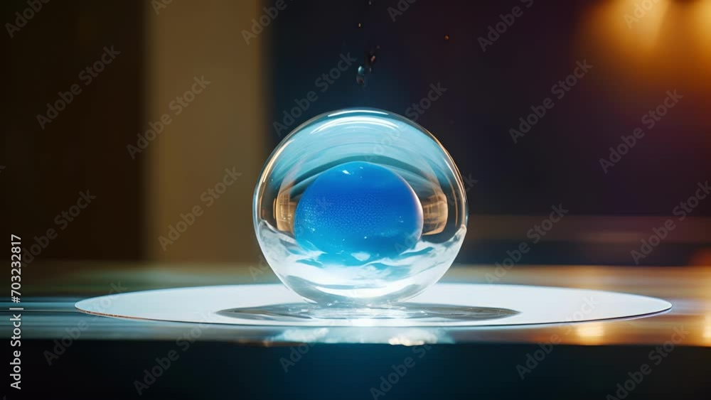 Poster an upclose view of a levitating ball of water, formed by the precise control of sound waves to creat