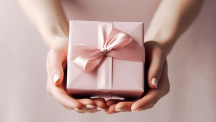 Close up shot of female hands holding a small gift wrapped with pink ribbon. Generative AI. - obrazy, fototapety, plakaty