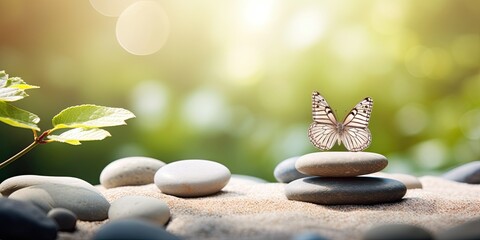 Zen harmony embodied in balanced stones, a delicate butterfly, and tranquil nature. - obrazy, fototapety, plakaty