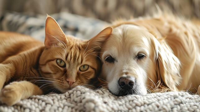 Orange cat and golden retriever dog lying together as friend on blanket, pet friendship concept.