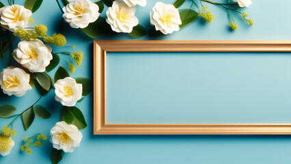 blue background with frame and flower