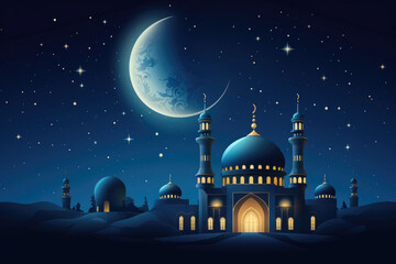 Simple illustration of a traditional mosque surrounded by twinkling stars, signifying the start of Ramadan - obrazy, fototapety, plakaty