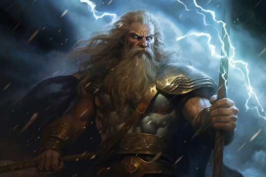 Illustration of Perun, Slavic god of thunder and lightning, wielding a mighty hammer amidst a stormy sky