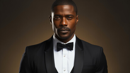 Handsome african american man in tuxedo on dark background