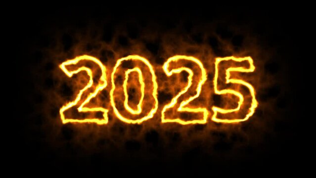 2025 feuerrote gl&uuml;hende Jahreszahl, exklusiv, leuchtend, Silvester, Jahreswechsel, Kalender, Neujahr, Datum, Feuerwerk