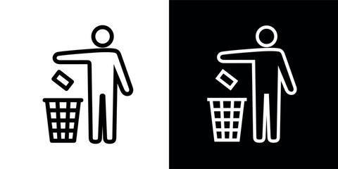 Icon of a man with a trash can (Tidyman), packaging recycling sign. Marking, sing on the packaging, person throws out garbage. - obrazy, fototapety, plakaty