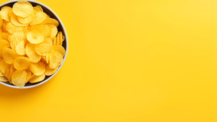 Potato chips in bowl on yellow background. Top view, copy space