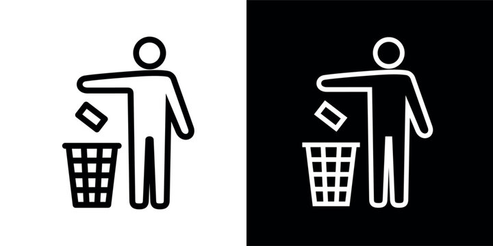 Icon of a man with a trash can (Tidyman), packaging recycling sign. Marking, sing on the packaging, person throws out garbage.
