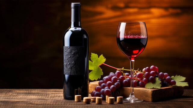 Bottle of red wine with grapes and cork on wooden background