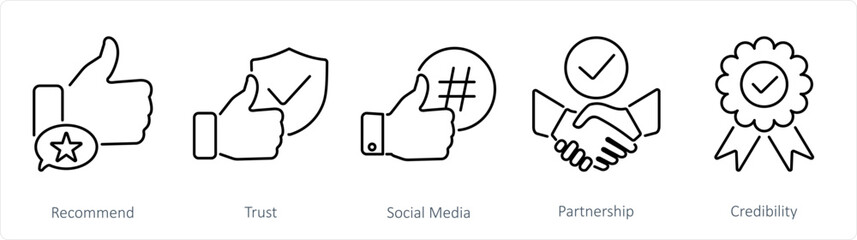 A set of 5 Influencer icons as recommend, trust, social media - obrazy, fototapety, plakaty