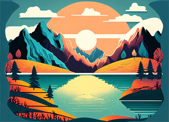 Travel style poster for mountains in pretty colors illustration style with trees and lake, Illustrations, vector art.