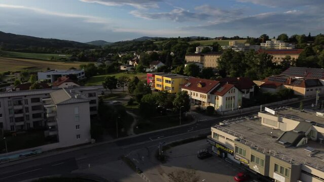 aerial of Leonding city centre on a summer evening