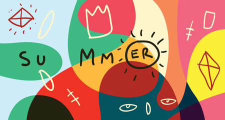 Naklejka premium Colorful Doodle Vector Illustration Background for Summer Holiday 2024 banner