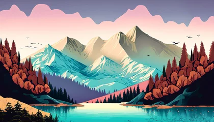 Fototapeten Travel style poster for mountains in pretty colors illustration style with trees and lake, Illustrations, vector art. © Mithun