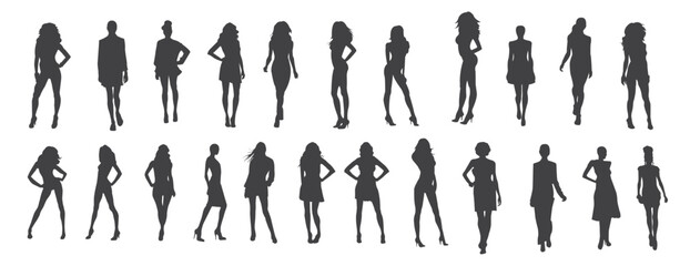 Model silhouette collection. Set of woman silhouettes. Collection of fashion woman model silhouette. Girls woman sexy posing set vector silhouette. Vector illustration.