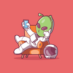 Cool Alien seated on a couch taking a selfie vector illustration. Tech, space, alien design concept.