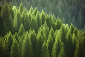 Healthy green trees in a forest of old spruce, Generative AI