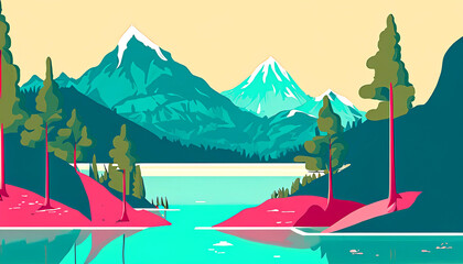 Travel style poster for mountains in pretty colors illustration style with trees and lake, Illustrations, vector art.