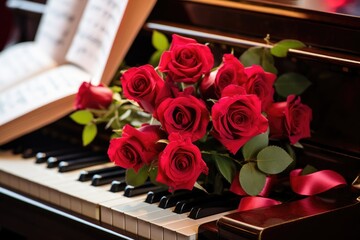 Obraz na płótnie Canvas Beautiful roses placed on a piano symbolize bright, joyful love on every occasion and Valentine's Day festival generative ai .