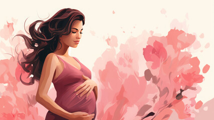 Obraz na płótnie Canvas pregnancy and motherhood. painting of a pregnant woman. light red and pink painting, oil portrait. colorful illustration.