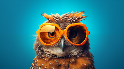 Happy owl with orange sunglasses on blue solid background with copy space. Fun night party animal creative concept. Generative AI.