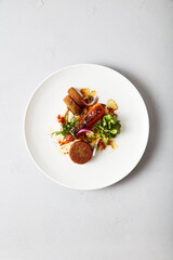 Falafel with Hummus, Vegetable Salad, and Grilled Pepper on White Plate on Textured Grey Background
