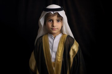 Arabic boy wearing Arabic dress thobe on black background